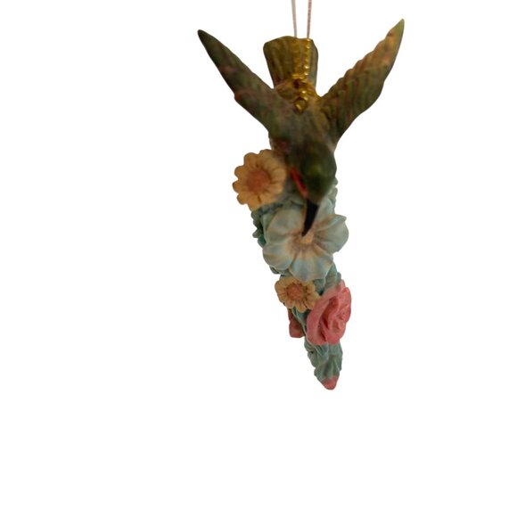 Hand-Painted Hummingbird Hanging Ornament With Flowers Multicolor Resin Design N - Picture 3 of 8